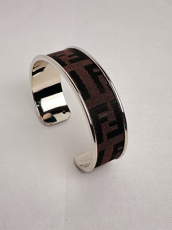 FENDI Brown Monogram Cloth Canvas Silver Cuff Bangle Bracelet - Picture 8 of 8